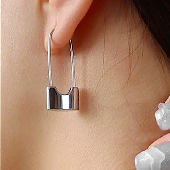 Silver Lock Safety Pin Earrings, Minimalist, Dainty, Gift For Teenager - Picture 4 of 9